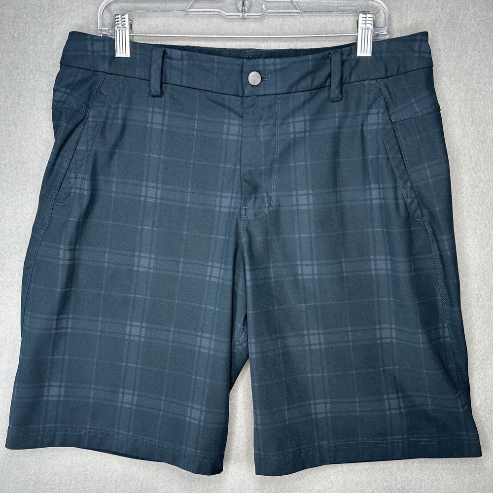Lululemon Shorts Mens 36 Dark Green Chino Plaid Athletica Golf Logo Stretch